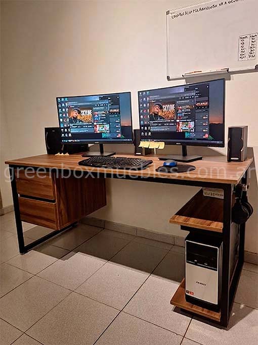 escritorio estilo industrial con cajonera y estantes